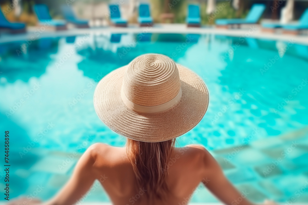 A woman by a poolside, wearing a wide-brimmed hat, exuding relaxation and leisure.