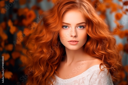 A woman with flowing red hair and striking blue eyes, set against autumn leaves.