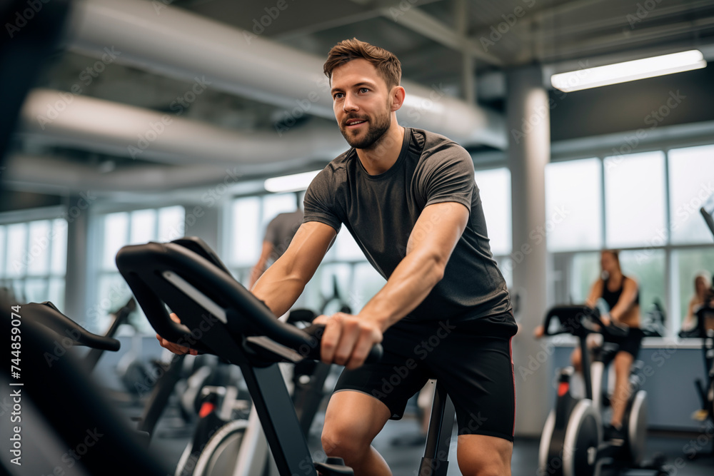 Smiling man enjoying a cycling workout at the gym, full of energy and motivation. Smiling man enjoying a cycling workout at the gym, full of energy and motivation.