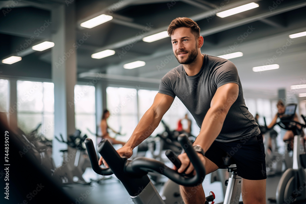 Smiling man enjoying a cycling workout at the gym, full of energy and motivation. Smiling man enjoying a cycling workout at the gym, full of energy and motivation.