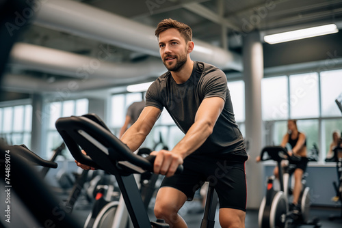 Smiling man enjoying a cycling workout at the gym, full of energy and motivation.