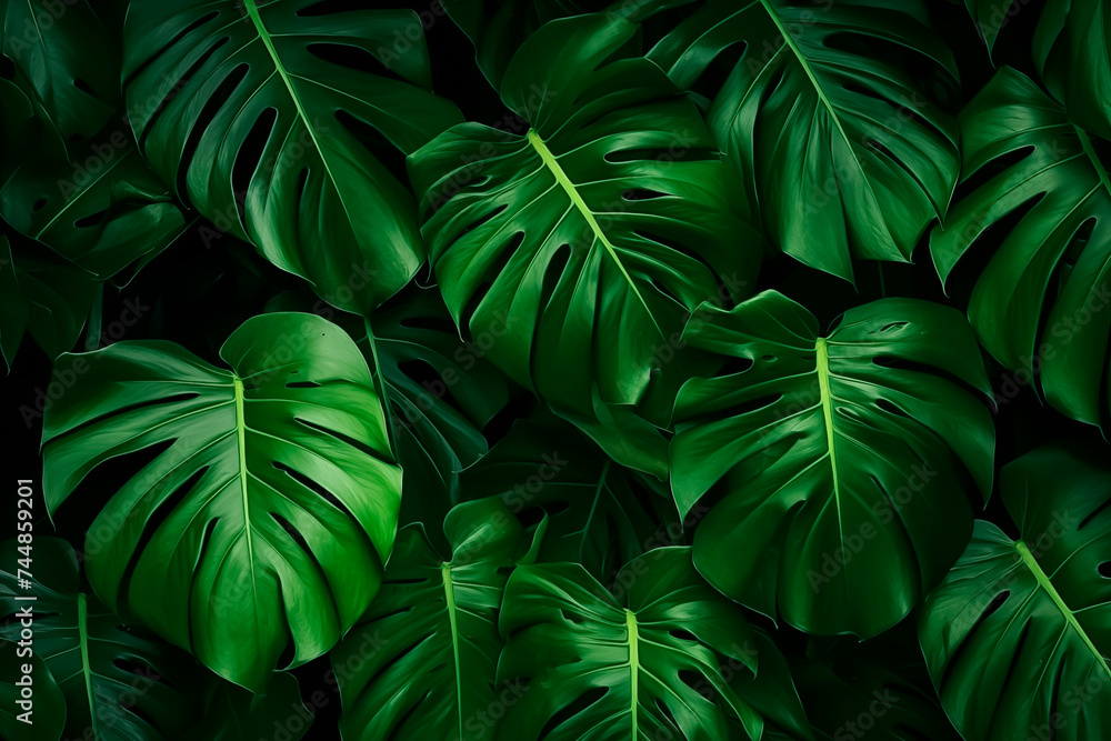 Dense tropical monstera leaves creating a lush green pattern. - obrazy, fototapety, plakaty 