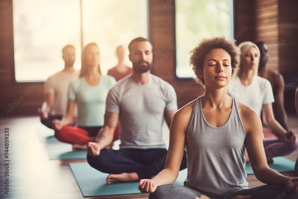 Peaceful group practicing yoga meditation in a calm indoor setting. Peaceful group practicing yoga meditation in a calm indoor setting.