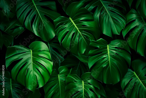 Dense tropical monstera leaves creating a lush green pattern.