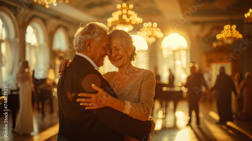 elderly man in a suit gracefully waltzes his smiling wife photo