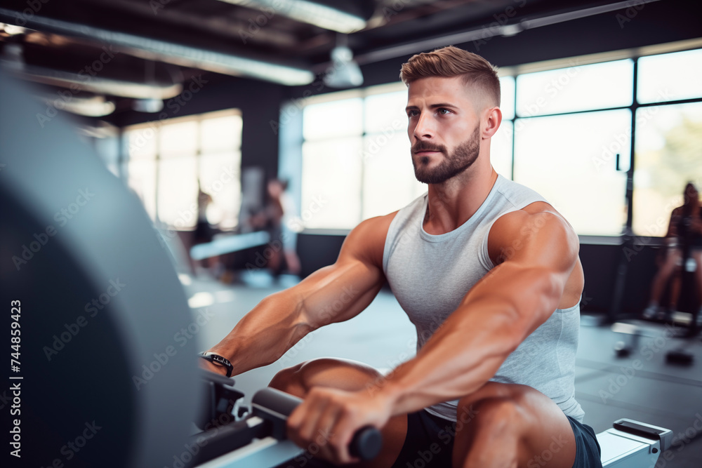 A focused male with defined muscles exercises on a rowing machine in a gym, sporting a grey tank top, surrounded by fitness equipment. A focused male with defined muscles exercises on a rowing machine in a gym, sporting a grey tank top, surrounded by fitness equipment.