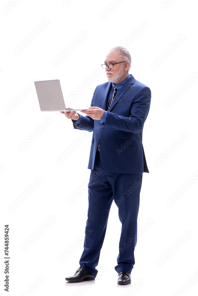 Old businessman holding laptop isolated on white Old businessman holding laptop isolated on white