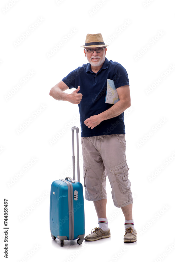 Old man in travelling concept isolated on white Old man in travelling concept isolated on white