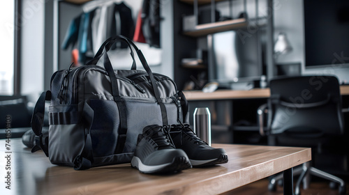 Un sac avec des chaussures de sport posés sur un bureau. photo