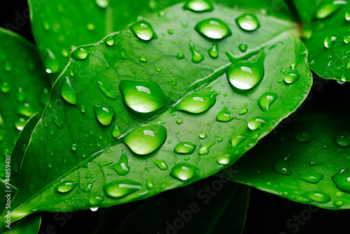 Close-up of fresh green leaves with vibrant water droplets, highlighting details and textures in a natural, lush environment.