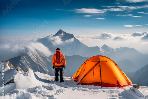 A climber beside an orange tent at sunrise in a snowy mountainous landscape, embodying adventure and solitude. © EricMiguel