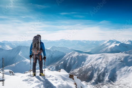 A lone hiker facing the expansive snow-covered mountain range, highlighting solitude and exploration.
