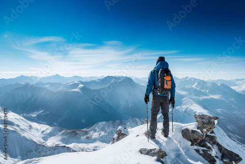 A lone hiker facing the expansive snow-covered mountain range, highlighting solitude and exploration.