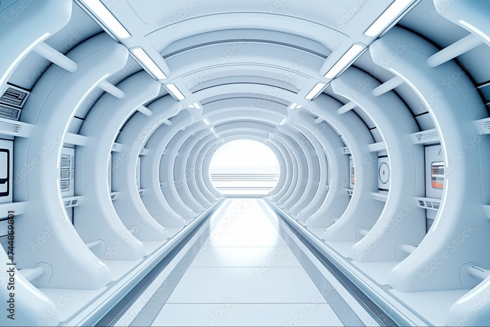 Fototapeta premium A futuristic corridor with sleek design, illuminated by natural light, evoking modern technology.