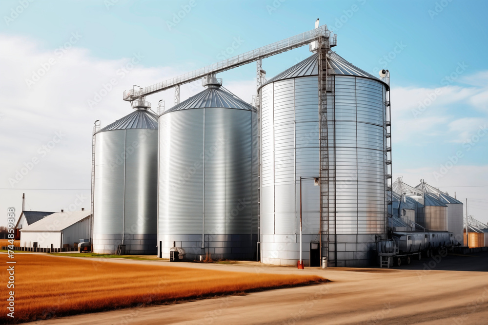 Large metal grain silos on a farm, representing agricultural storage and industrial farming infrastructure. Large metal grain silos on a farm, representing agricultural storage and industrial farming infrastructure.
