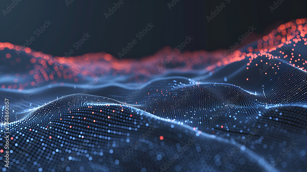 Wave of interlacing points and lines. Abstract background. Technological style. Big data. 3d rendering. - obrazy, fototapety, plakaty 