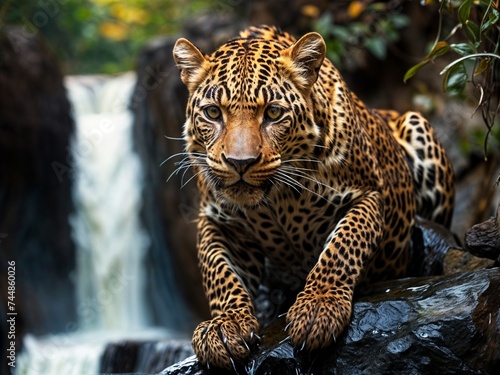 Beautiful leopard against the background of a waterfall