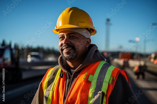 Smiling construction worker in safety gear at a work site, embodying industry professionalism.