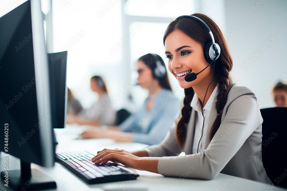 Smiling professional woman with a headset providing customer support in a corporate office environment. Smiling professional woman with a headset providing customer support in a corporate office environment.