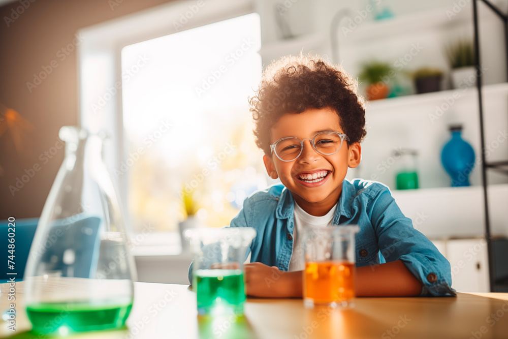 A joyful child with glasses conducting a colorful science experiment, representing fun and educational learning. - obrazy, fototapety, plakaty 