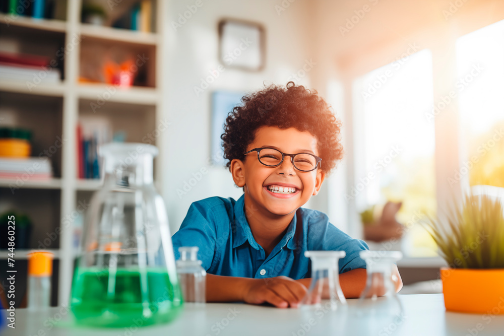 A joyful child with glasses conducting a colorful science experiment, representing fun and educational learning. - obrazy, fototapety, plakaty 