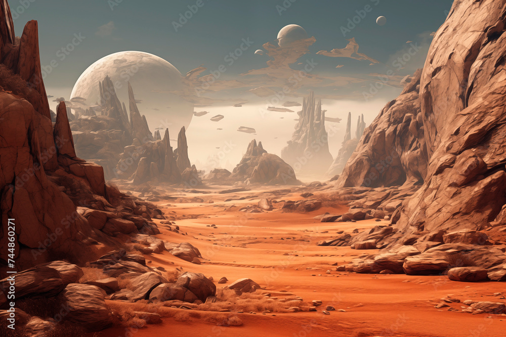 Sci-fi desert landscape with alien formations and multiple planets above.