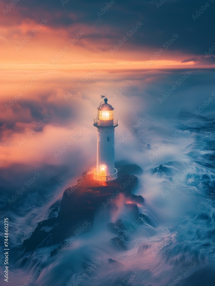 a lighthouse on a rocky cliff with waves around it