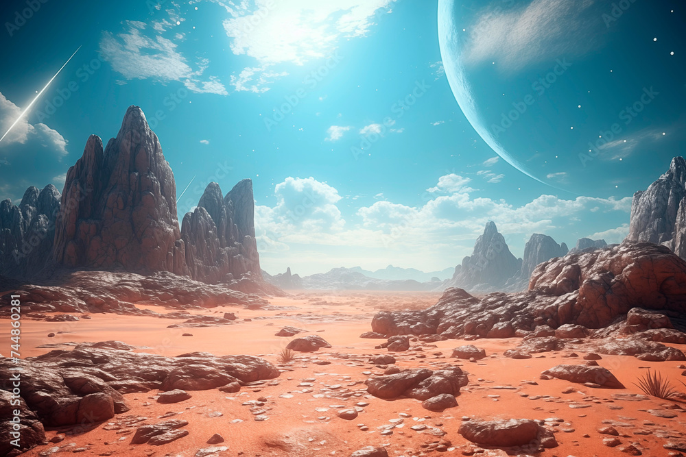 Sci-fi desert landscape with alien formations and multiple planets above.