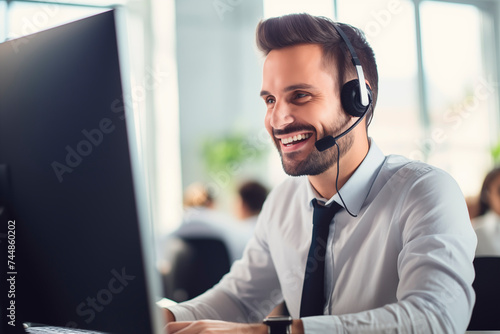 A professional man in a suit providing customer service with a headset, smiling at his computer in an office setting. © EricMiguel