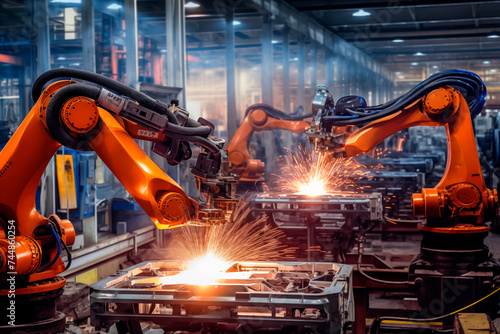 Industrial robots welding with sparks, depicting advanced manufacturing automation. photo