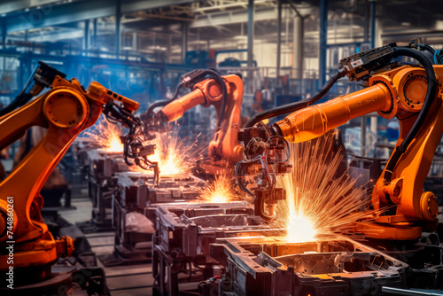 Industrial robots welding with sparks, depicting advanced manufacturing automation.
