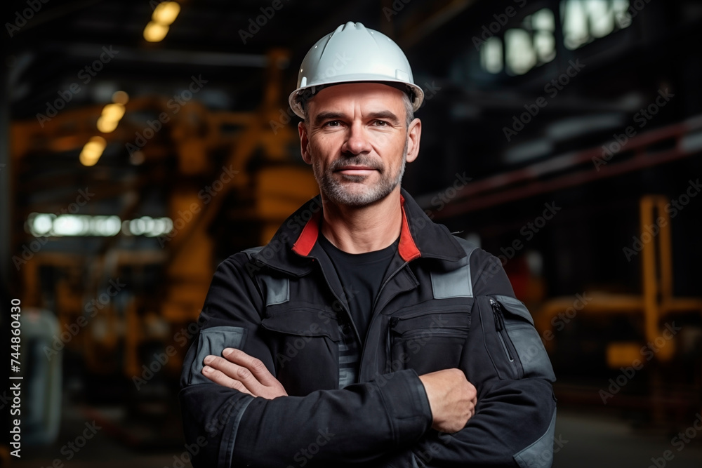 A smiling engineer wearing a safety helmet and protective glasses stands confidently in an industrial setting. A smiling engineer wearing a safety helmet and protective glasses stands confidently in an industrial setting.