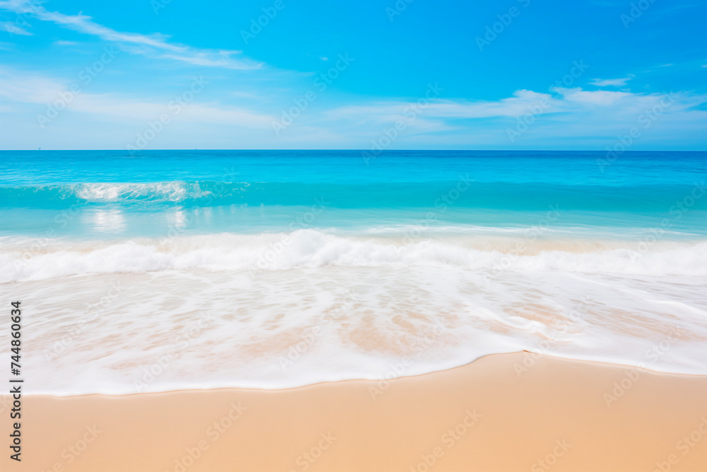 The serene blue ocean meeting the sandy beach with gentle waves under a clear sky.