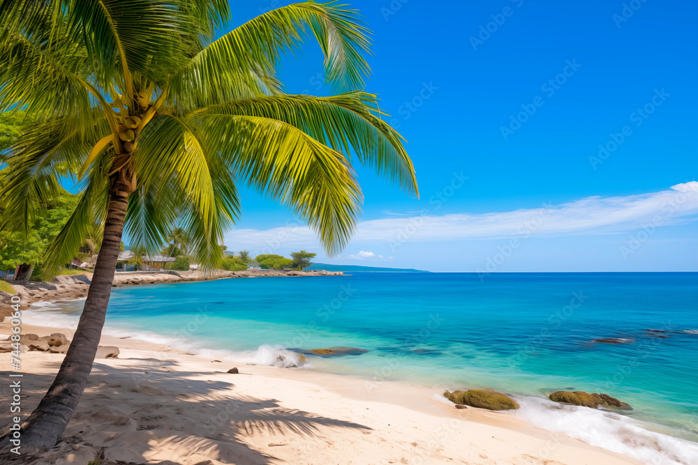 Obraz premium A single palm tree on a tropical beach with clear blue waters and white sand, exuding peace and tranquility.