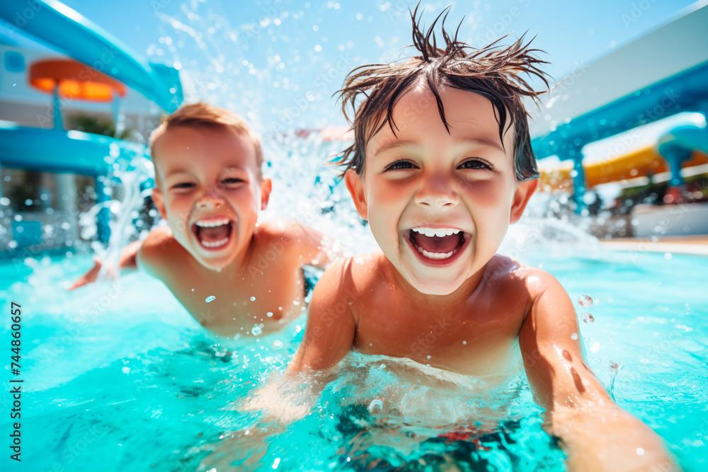 Children playing and splashing in a waterpark pool, capturing the essence of summer fun. Children playing and splashing in a waterpark pool, capturing the essence of summer fun.