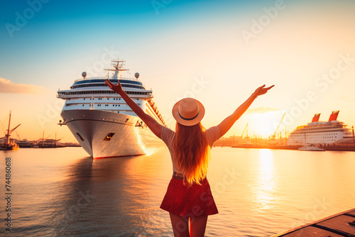 Woman with outstretched arms in front of a cruise ship at sunset, expressing excitement for a sea voyage. photo