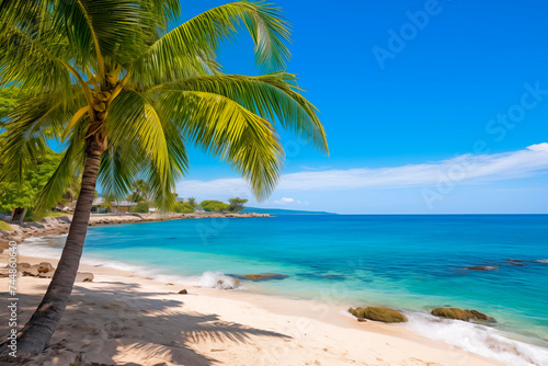 A single palm tree on a tropical beach with clear blue waters and white sand  exuding peace and tranquility.
