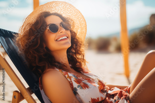 Radiant woman smiling on a beach chair, enjoying the leisure of a sandy beach at sunset.