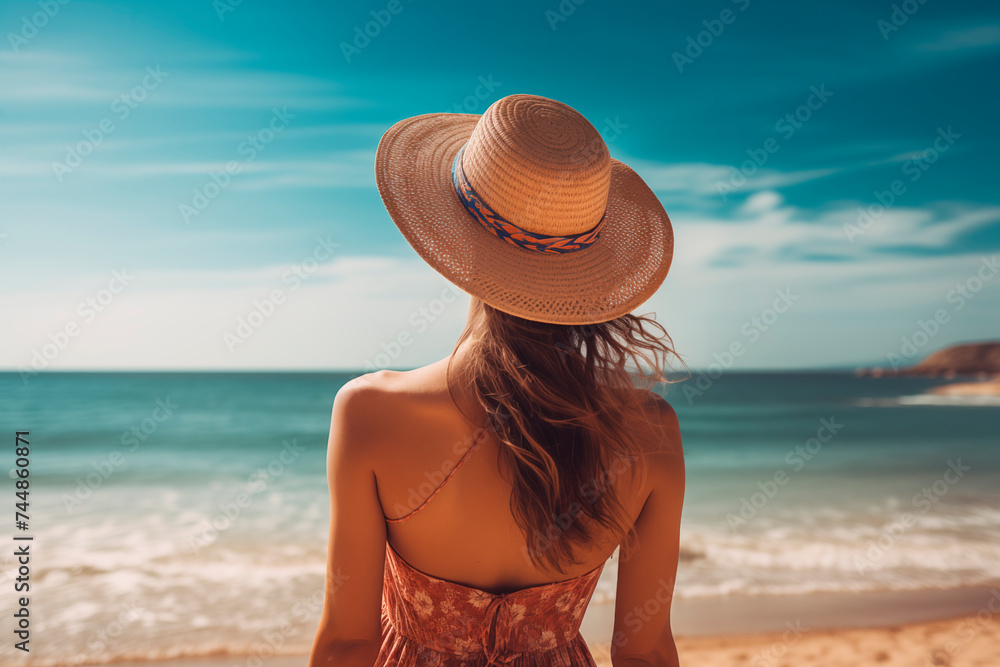 Woman facing the sea, a straw hat on her head, embodying summer relaxation
