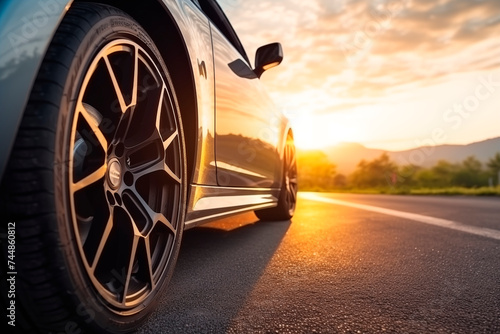 Close-up of a car wheel on an open road at sunset, evoking a sense of adventure and speed