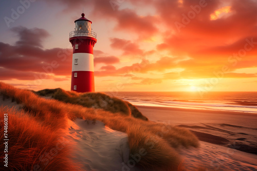 A lighthouse stands tall against a vivid sunset over a serene beach.