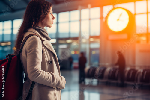 A pensive woman waits at the airport, a large clock reflecting the passing time.