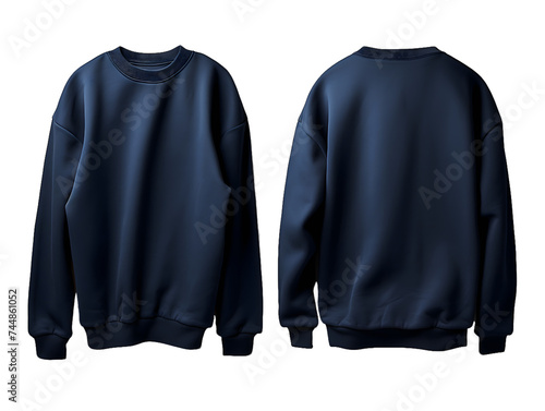 Two blue navy sweatshirt Isolated On Transparent PNG Background, one displaying the front side, the other the back side