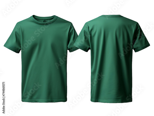 Two green t-shirt without wrinkles, one front side and the back side, Isolated On Transparent PNG Background