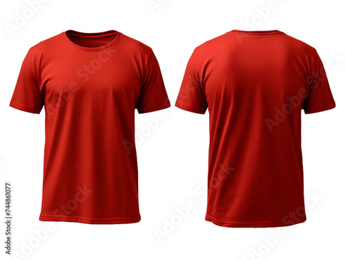 Two red t-shirt without wrinkles, one front side and the back side, Isolated On Transparent PNG Background 