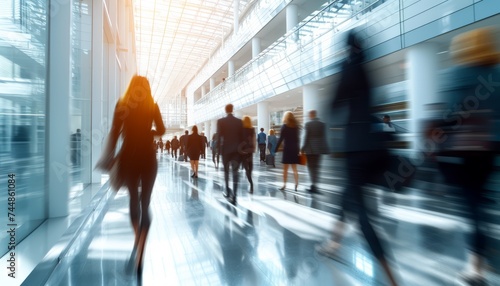 hurrying business people in an office building, motion blur effect