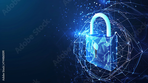 digital padlock with virtual screen on dark background with copy space. cyber security technology for fraud prevention and privacy data network protection concept