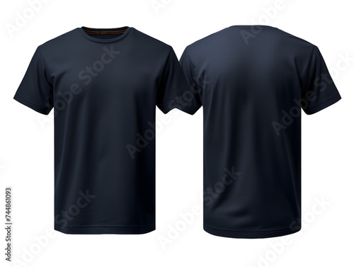 Two blue navy t-shirt without wrinkles, one front side and the back side, Isolated On Transparent PNG Background