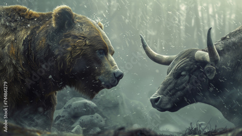 Bull versus Bear. Stock market illustration, opposition concept in trade exchange. Global economy boom or crash, bullish run versus bearish market.