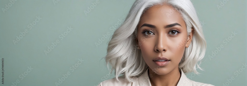 Midshot Portrait Photo Of A Shocked Beautiful Female Model With A White Hair Isolated On A Mintcream Background With Copy Space, Banner Template. Midshot Portrait Photo Of A Shocked Beautiful Female Model With A White Hair Isolated On A Mintcream Background With Copy Space, Banner Template.